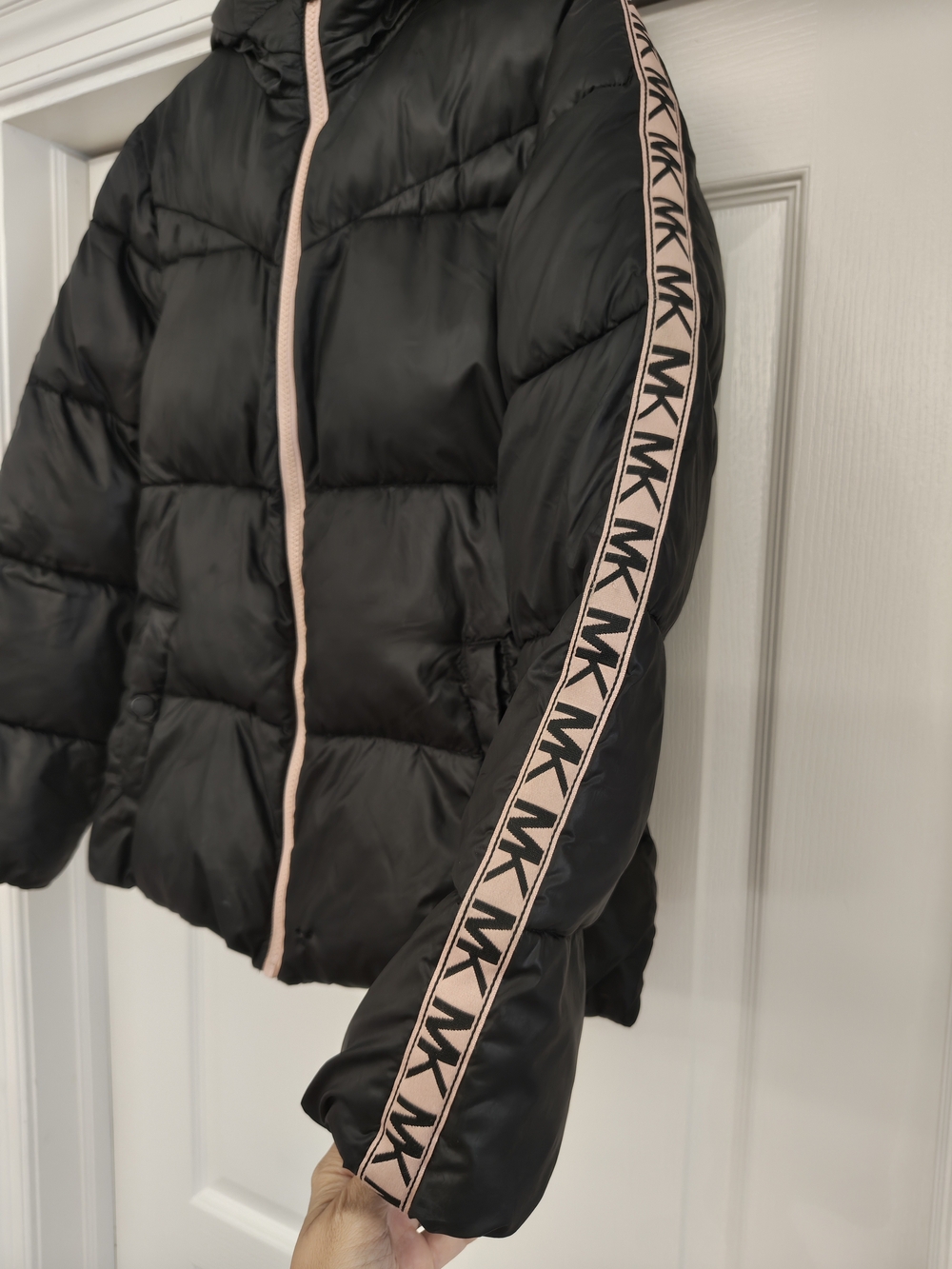MICHAEL Michael Kors Black Puffer Jacket with Pink Trim and MK Logo Sleeve Tape